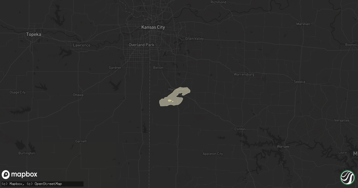 Hail map in Harrisonville, MO on August 10, 2025
