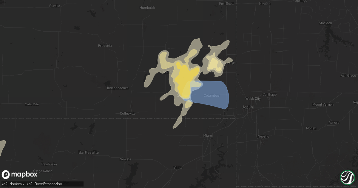 Hail map in Oswego, KS on August 10, 2025