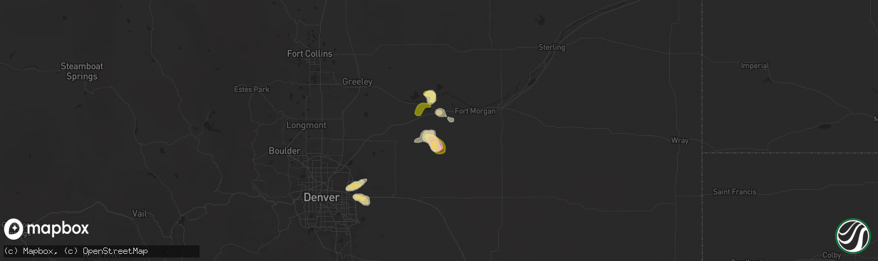 Hail map in Wiggins, CO on August 10, 2025