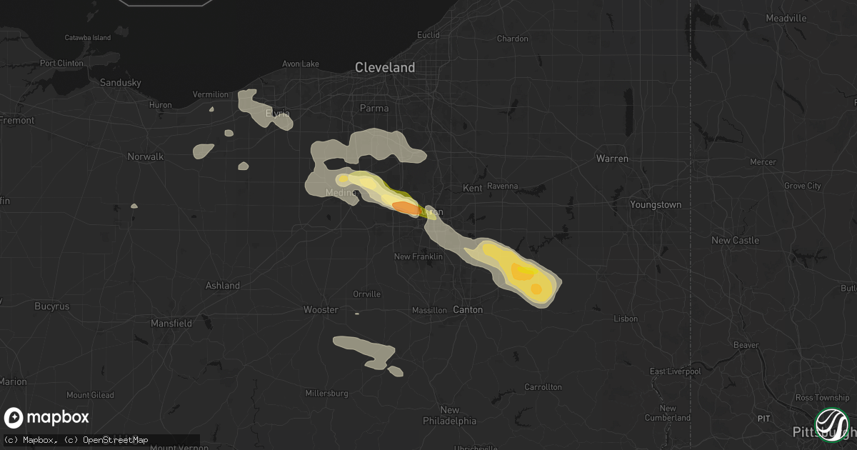 Hail map in Akron, OH on August 10, 2026