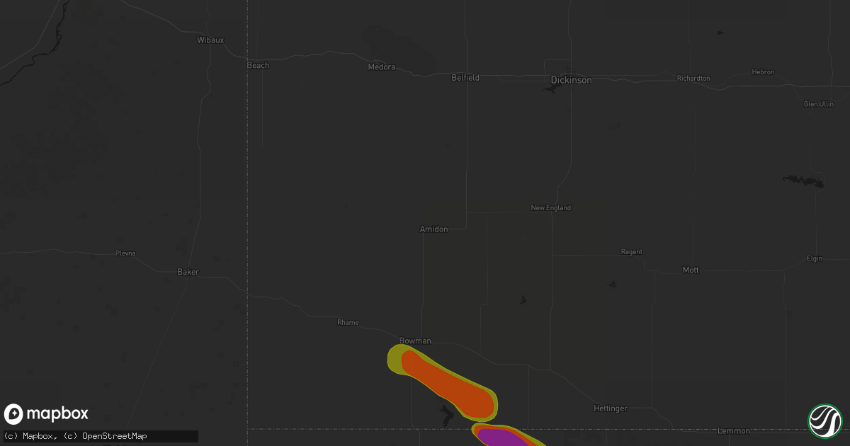 Hail map in Amidon, ND on August 10, 2026