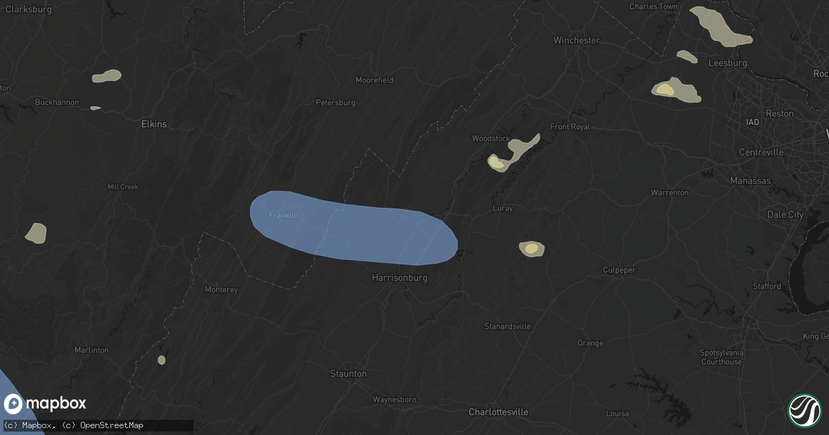 Hail map in Broadway, VA on August 10, 2026