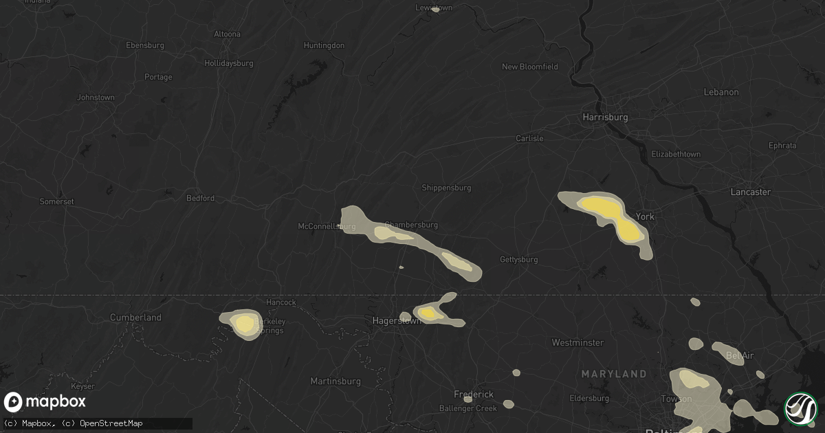 Hail map in Chambersburg, PA on August 10, 2026