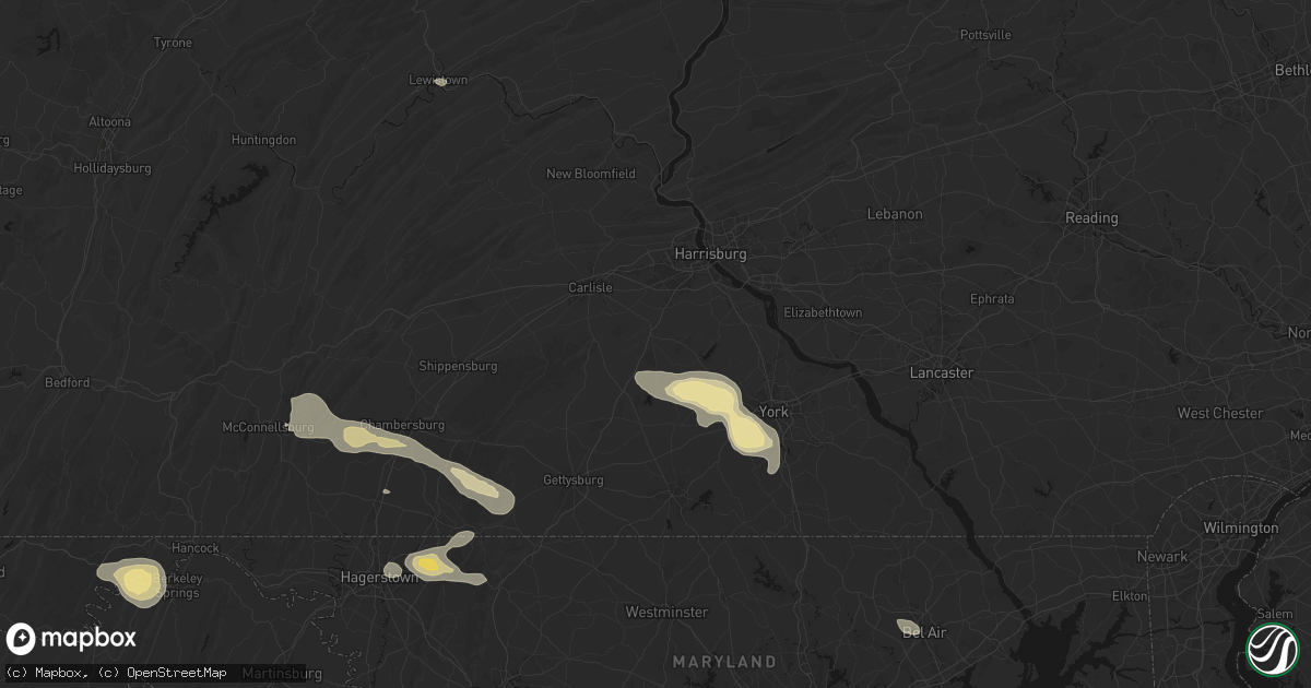 Hail map in Dillsburg, PA on August 10, 2026