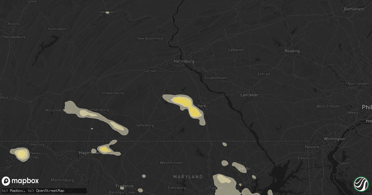Hail map in Dover, PA on August 10, 2026