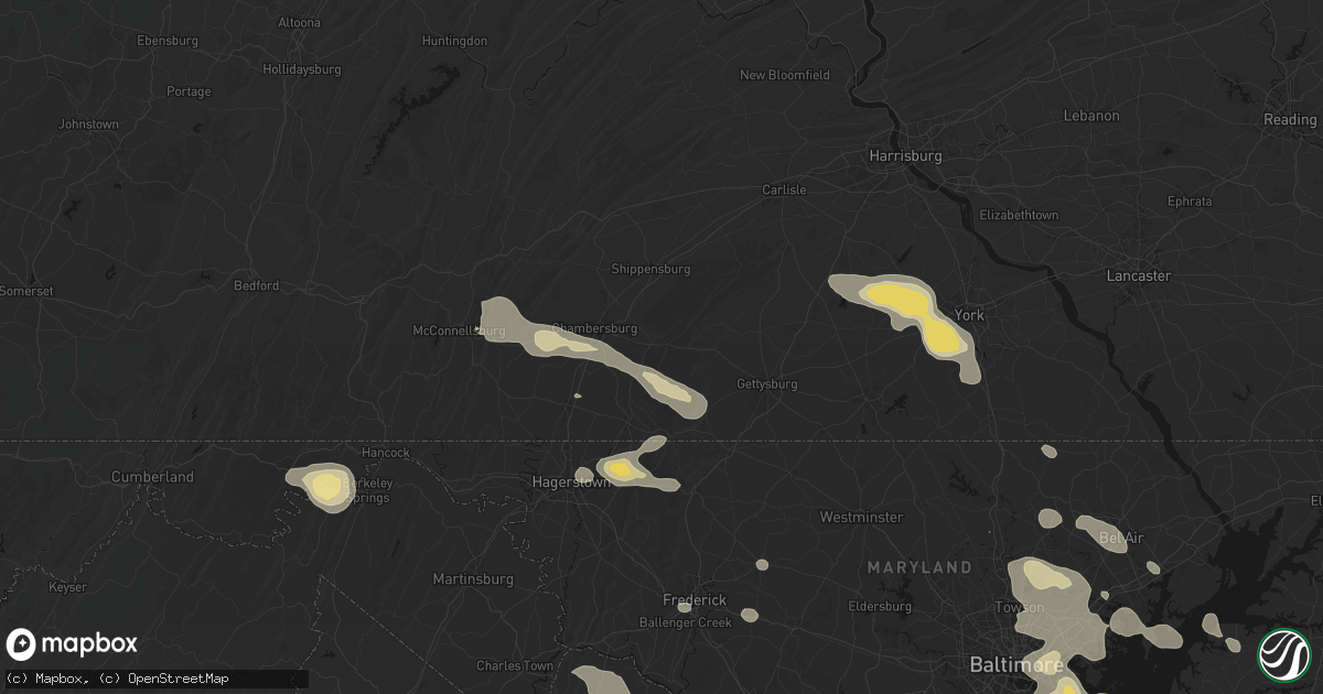 Hail map in Fayetteville, PA on August 10, 2026