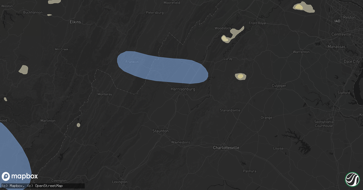 Hail map in Harrisonburg, VA on August 10, 2026