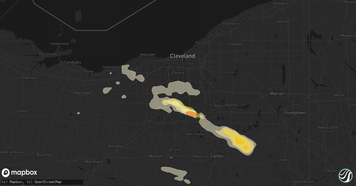 Hail map in Hinckley, OH on August 10, 2026