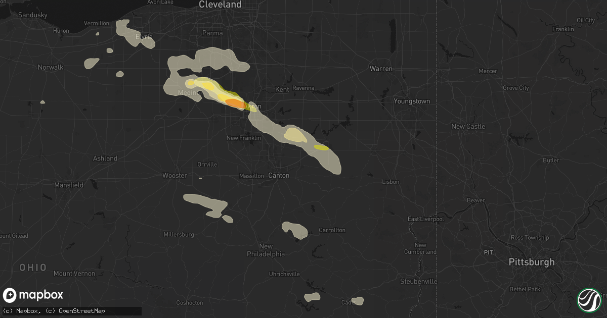 Hail map in Louisville, OH on August 10, 2026