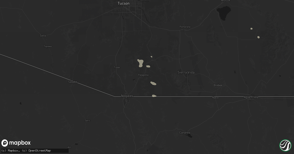 Hail map in Patagonia, AZ on August 10, 2026
