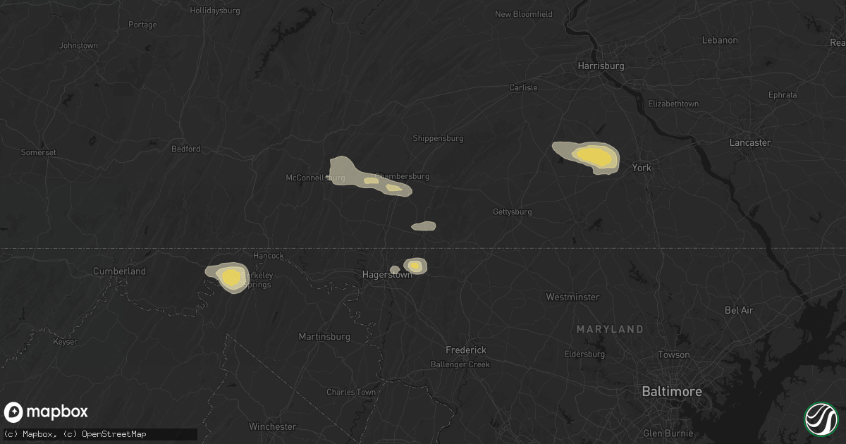 Hail map in Quincy, PA on August 10, 2026