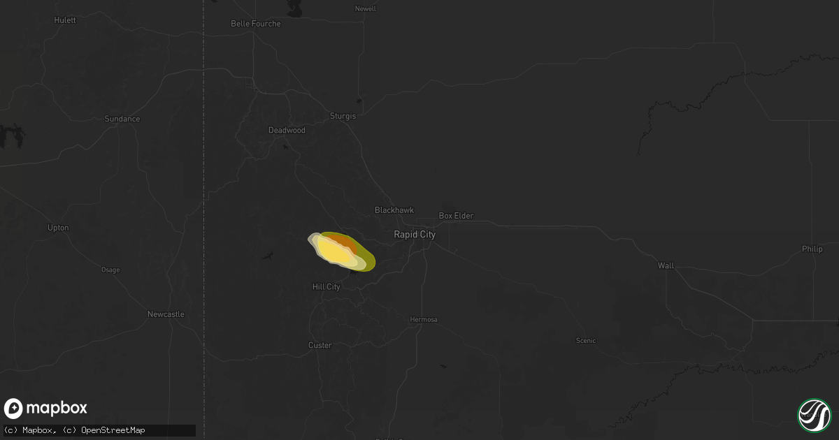 Hail map in Rapid City, SD on August 10, 2026
