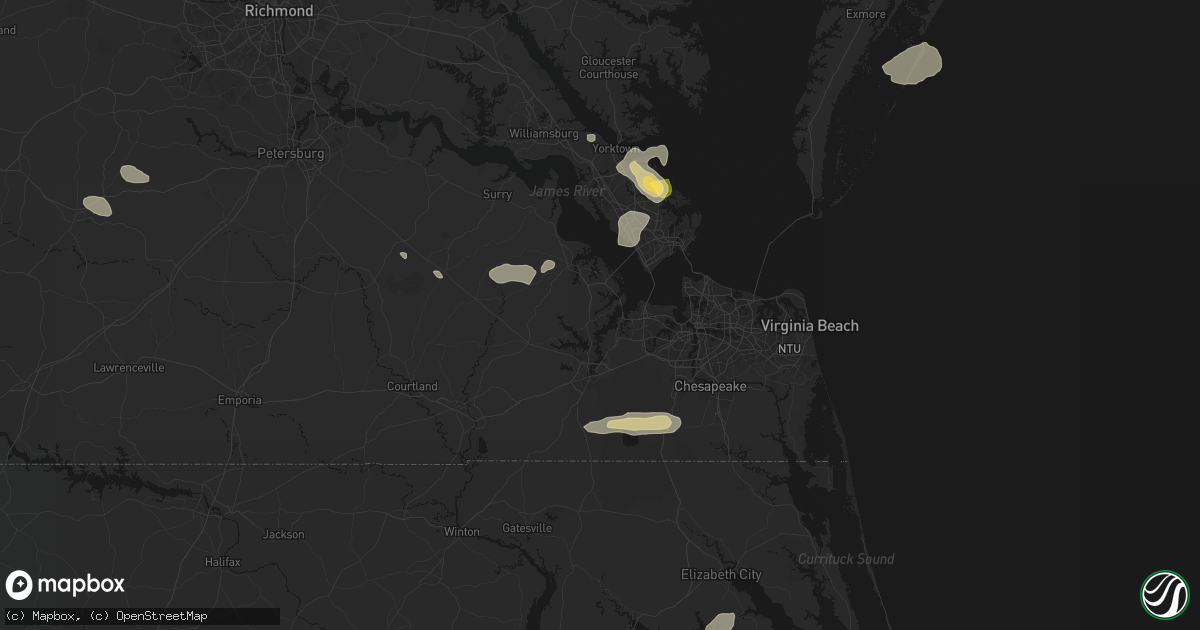 Hail map in Suffolk, VA on August 10, 2026
