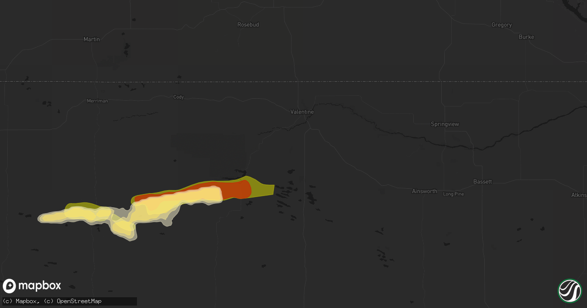 Hail map in Valentine, NE on August 10, 2026