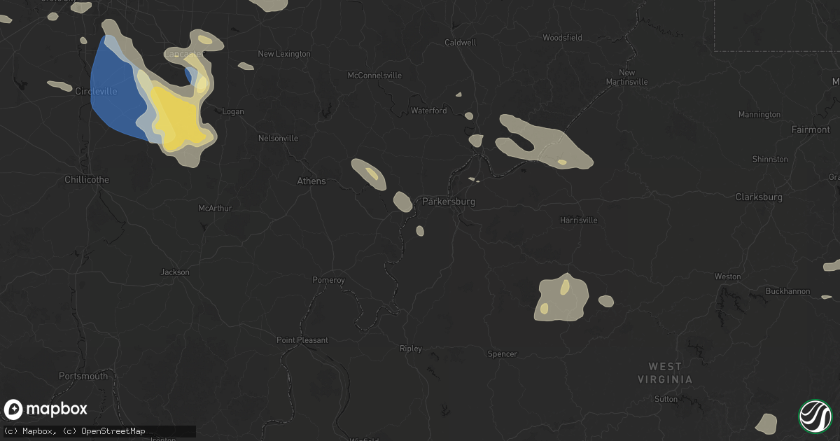 Hail map in Washington, WV on August 10, 2026