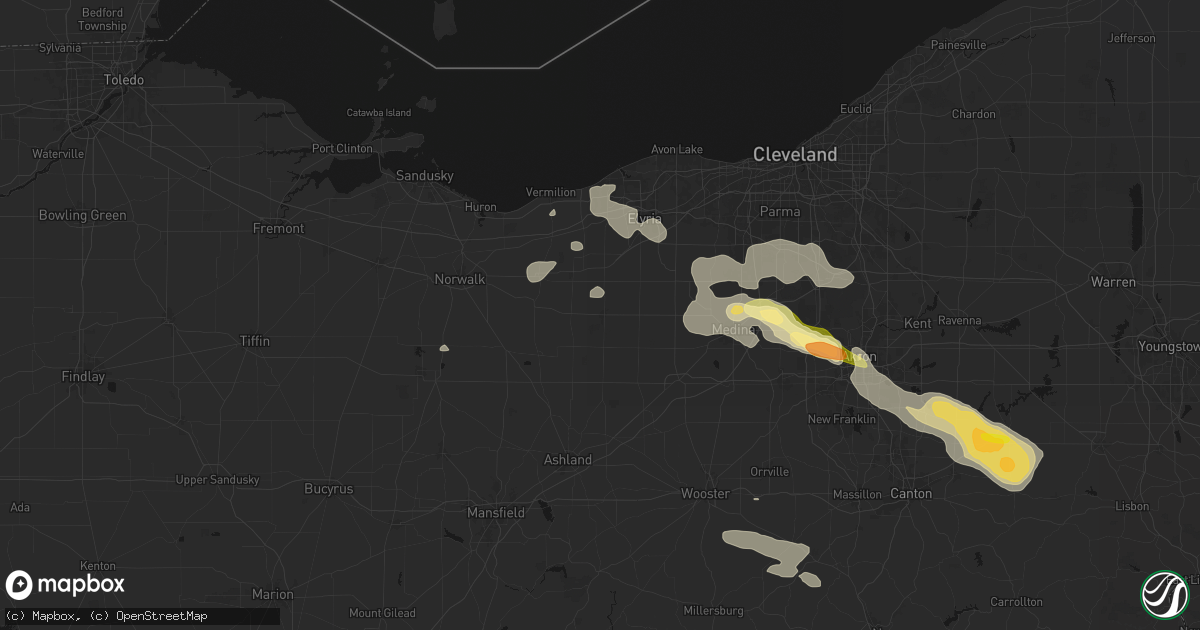 Hail map in Wellington, OH on August 10, 2026