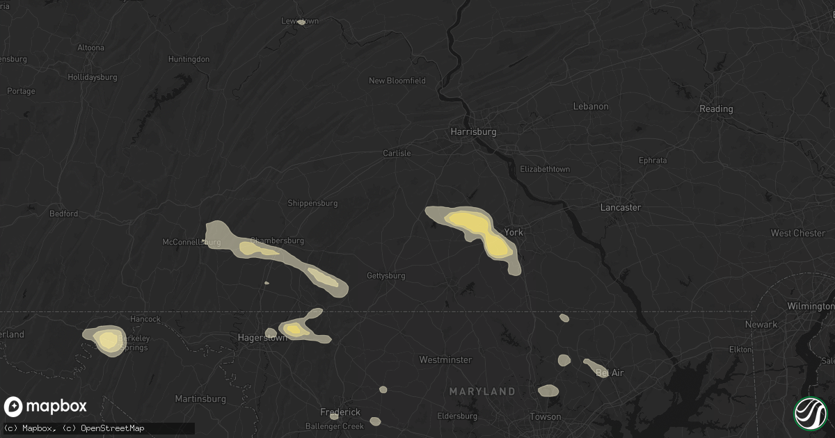 Hail map in York Springs, PA on August 10, 2026
