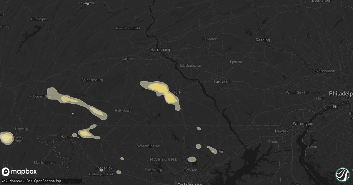 Hail map in York, PA on August 10, 2026
