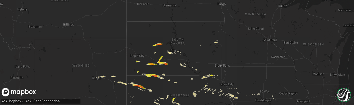 Hail map in South Dakota on August 11, 2016