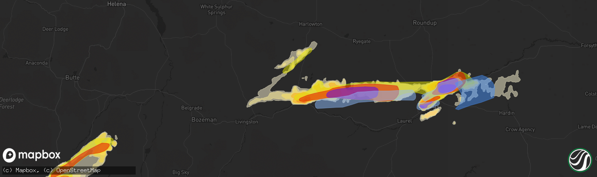 Hail map in Big Timber, MT on August 11, 2019