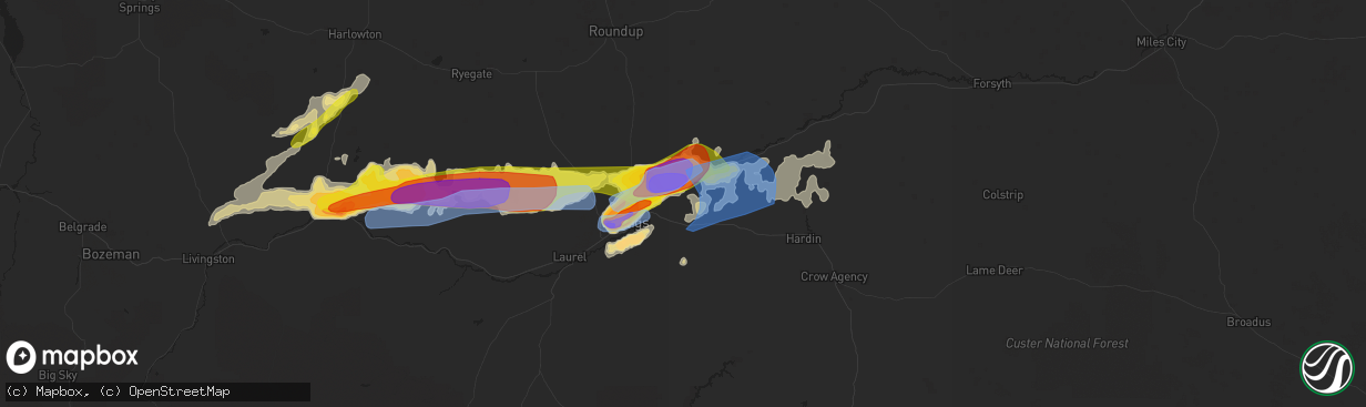 Hail map in Huntley, MT on August 11, 2019