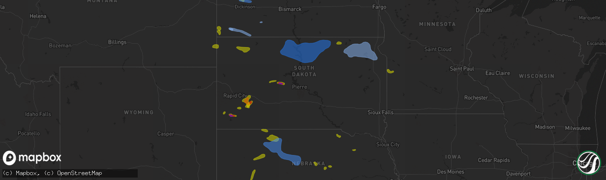 Hail map in South Dakota on August 11, 2020