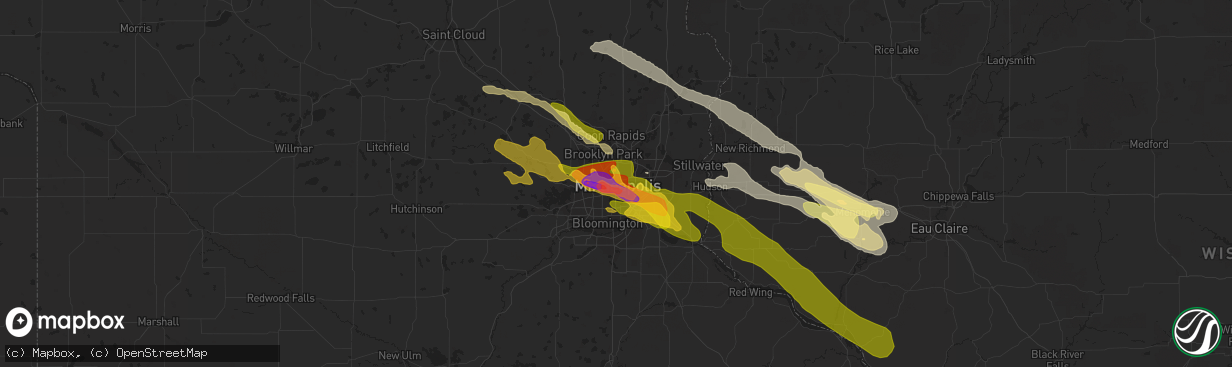 Hail map in Minneapolis, MN on August 11, 2023