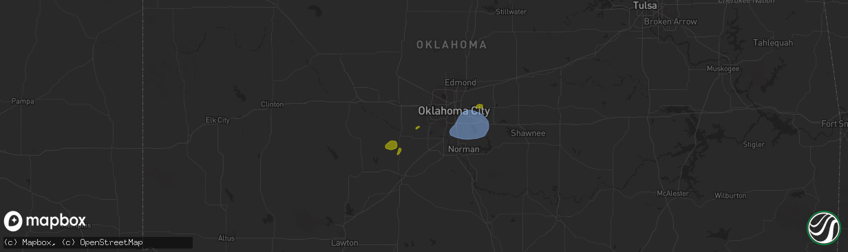 Hail map in Mustang, OK on August 11, 2025