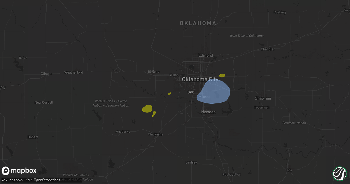 Hail map in Mustang, OK on August 11, 2025