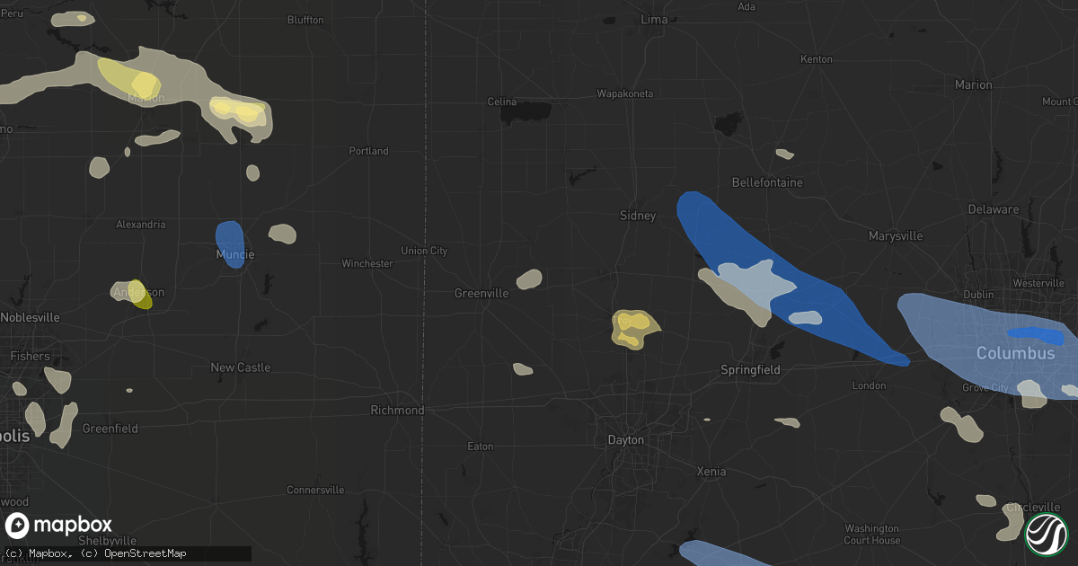 Hail map in Bradford, OH on August 11, 2026