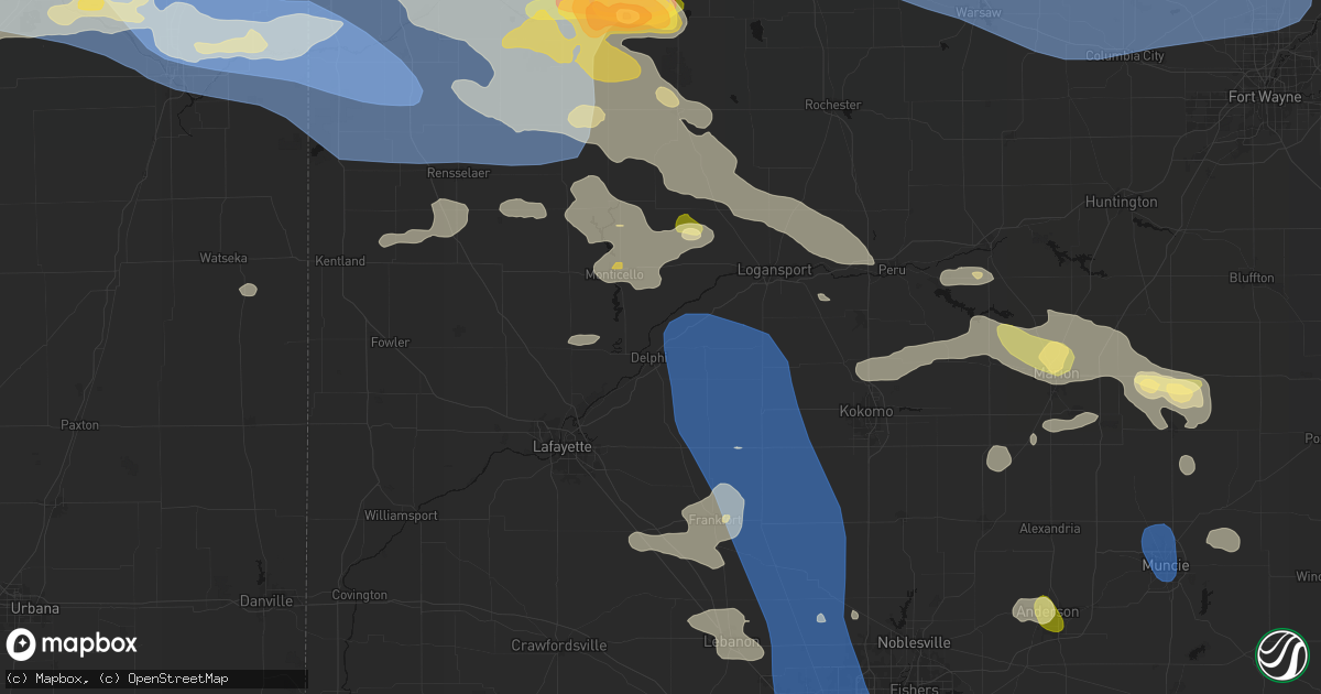 Hail map in Delphi, IN on August 11, 2026
