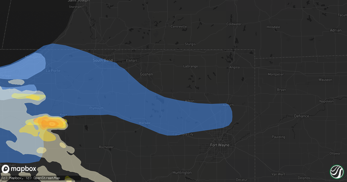 Hail map in Ligonier, IN on August 11, 2026