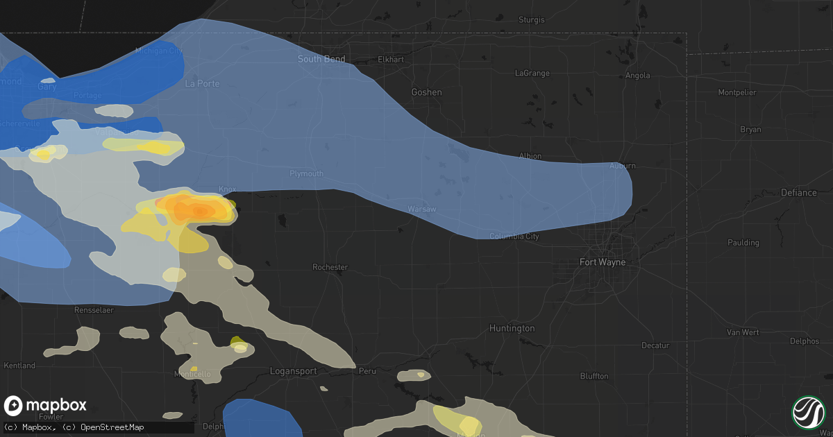 Hail map in Warsaw, IN on August 11, 2026