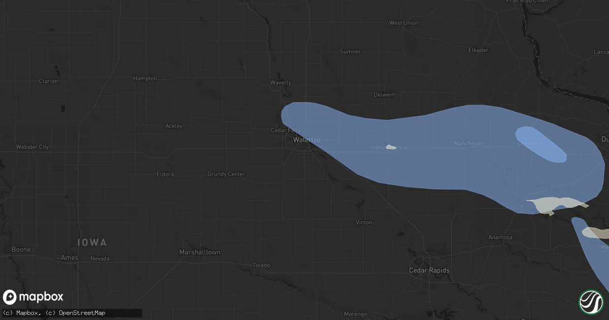Hail map in Waterloo, IA on August 11, 2026