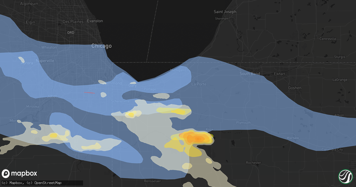 Hail map in Westville, IN on August 11, 2026