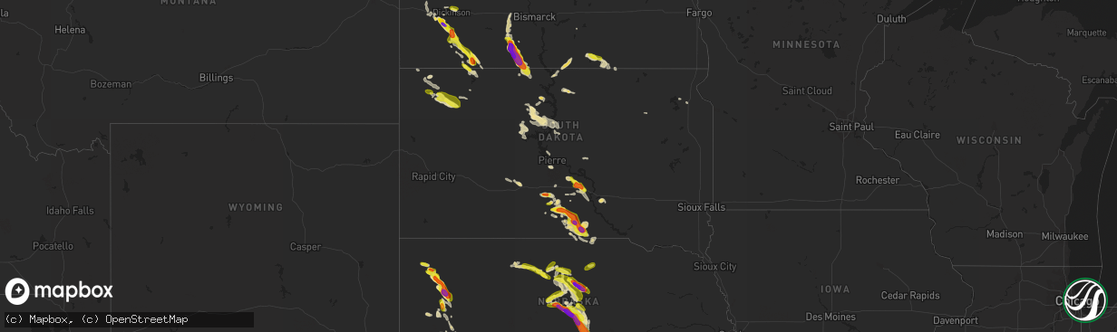 Hail map in South Dakota on August 12, 2017