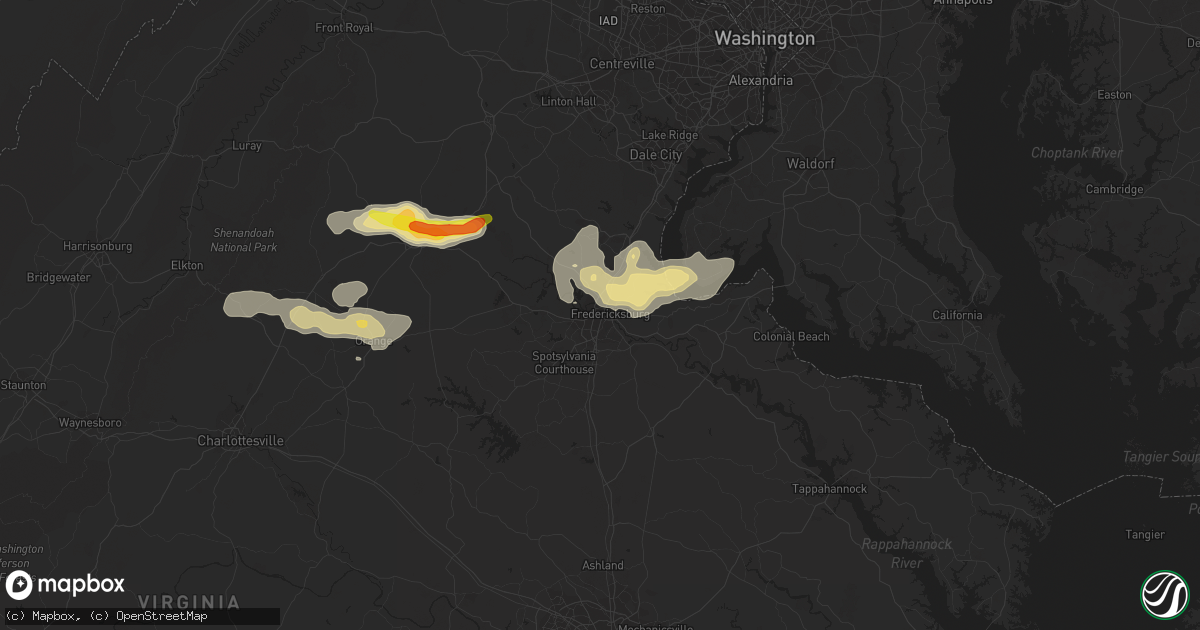 Hail map in Fredericksburg, VA on August 12, 2018