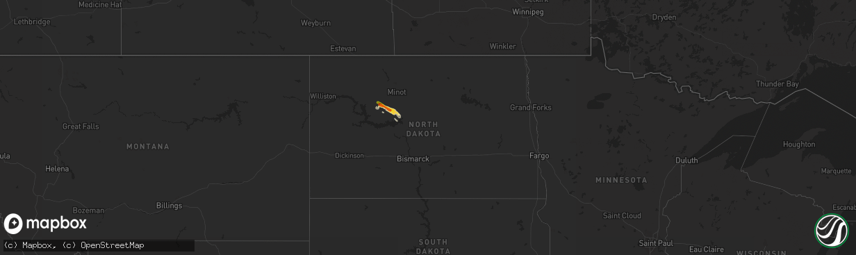 Hail map in North Dakota on August 12, 2019