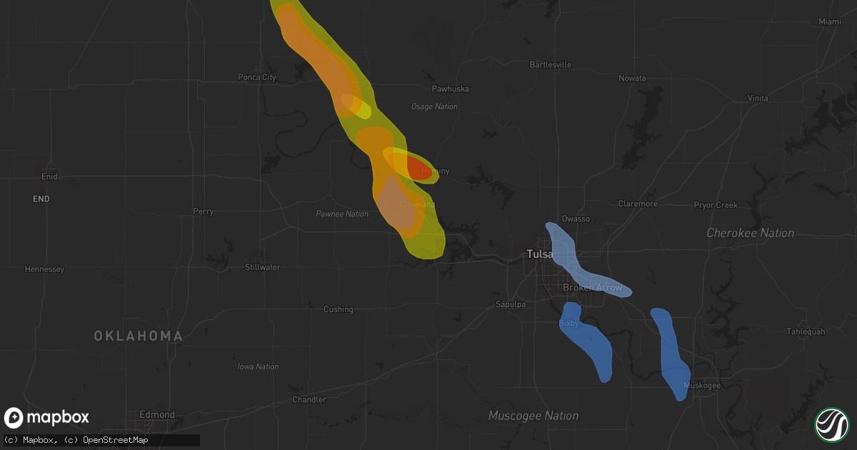 Hail map in Cleveland, OK on August 12, 2020