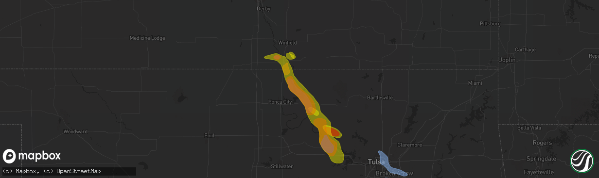 Hail map in Kaw City, OK on August 12, 2020