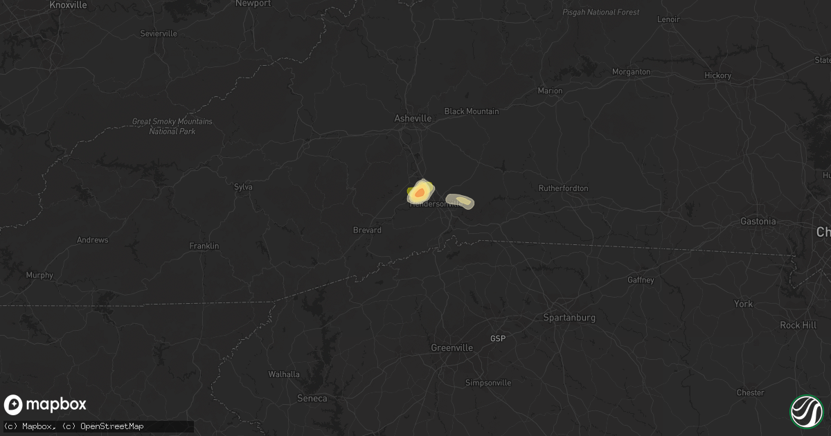 Hail map in Hendersonville, NC on August 12, 2023