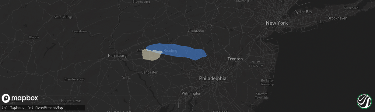 Hail map in Pottstown, PA on August 12, 2023