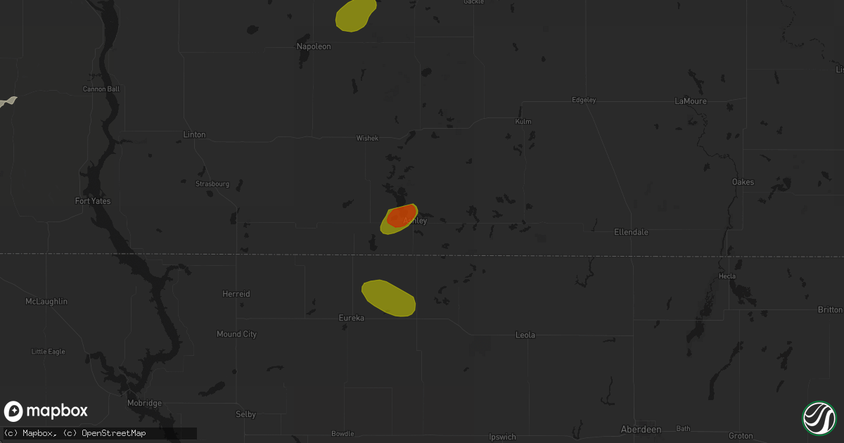 Hail map in Ashley, ND on August 12, 2026