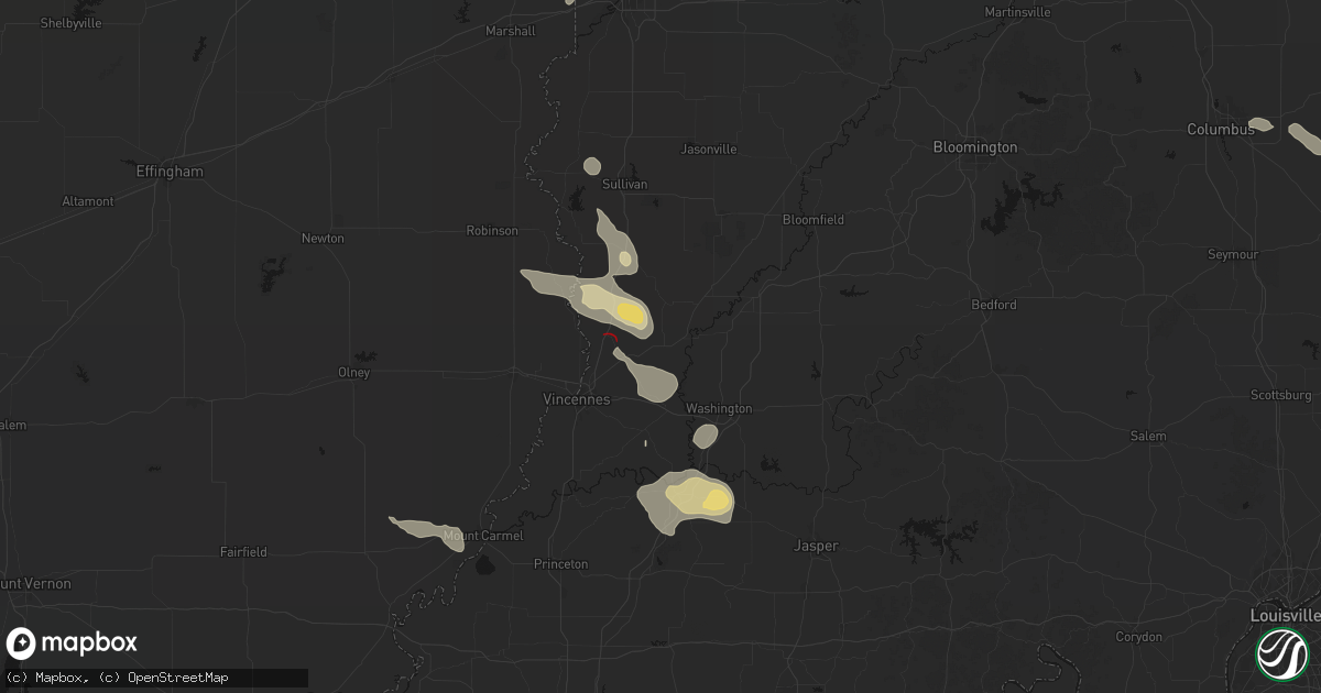 Hail map in Bicknell, IN on August 12, 2026