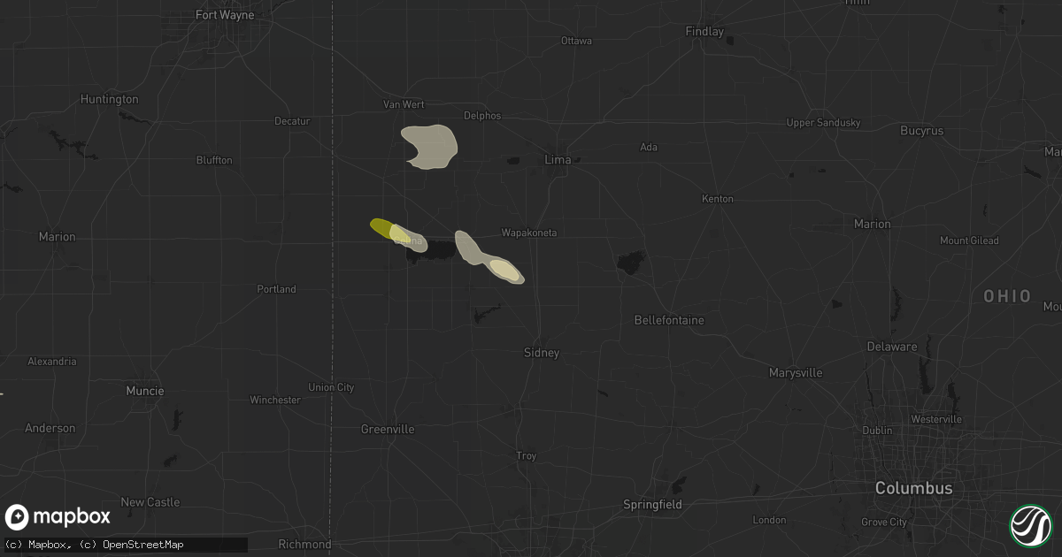 Hail map in Botkins, OH on August 12, 2026