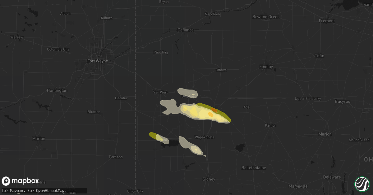 Hail map in Delphos, OH on August 12, 2026