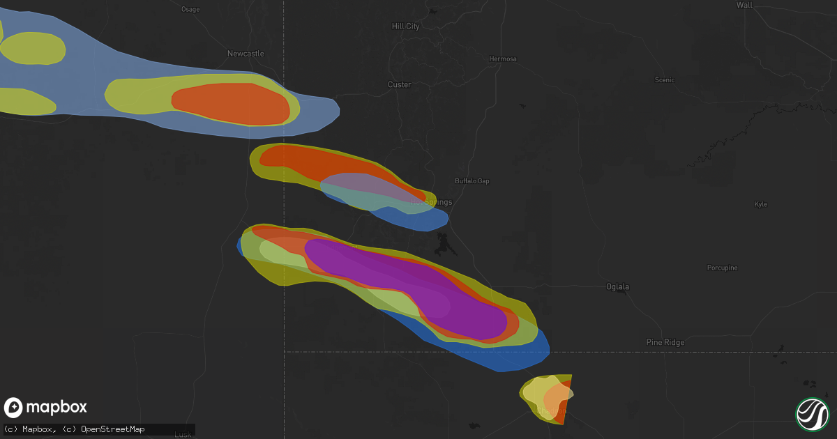 Hail map in Hot Springs, SD on August 12, 2026