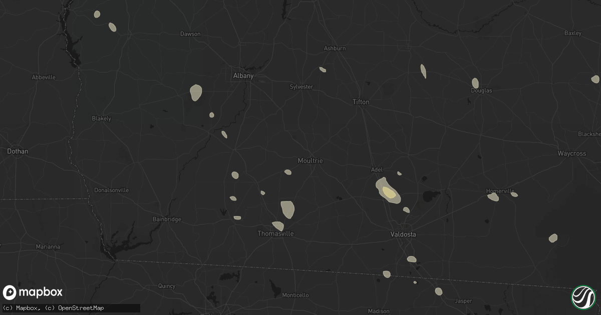 Hail map in Moultrie, GA on August 12, 2026
