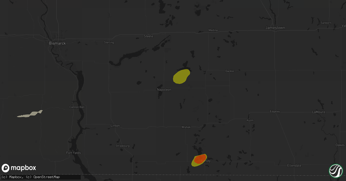 Hail map in Napoleon, ND on August 12, 2026