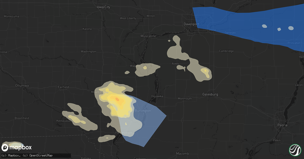 Hail map in Oakville, IA on August 12, 2026